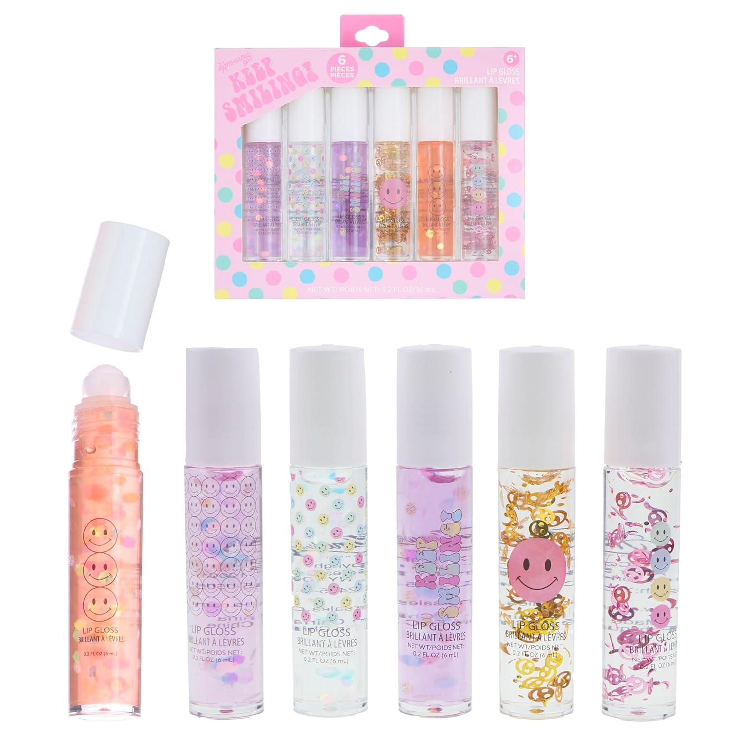 image:imageEXPRESSIONS 6pc Lip Gloss Set High Shine Confetti Lip Gloss Tubes wRollerball Applicator Tips Hydrating Roll On Lip Gloss Safe and NonToxic Lip Gloss Gift Set For Girls KEEP SMILING