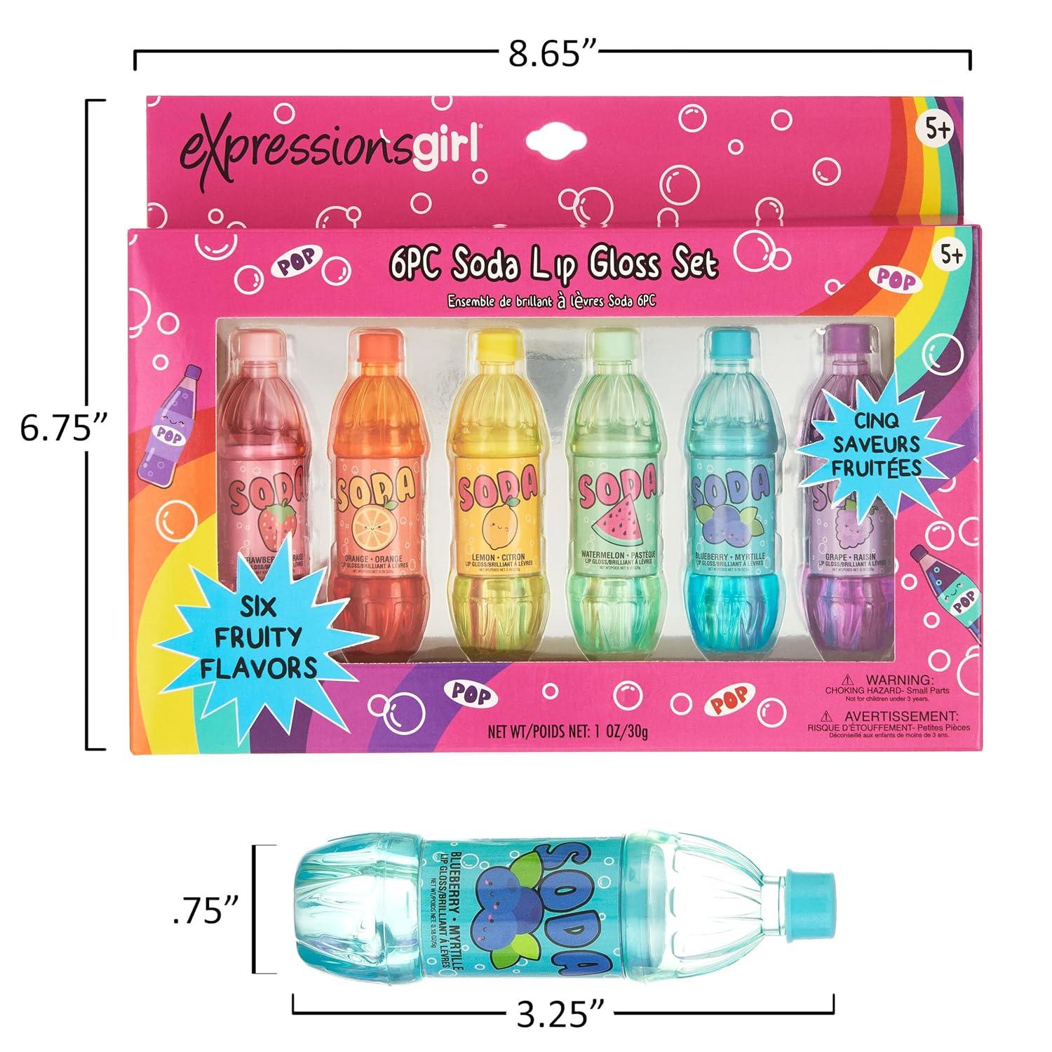 image:imageEXPRESSIONS 6pc Soda Pop Lip Gloss Collection Fruit Flavored NonToxic Soda Bottle Lip Gloss Set Teen Girls Party Favors