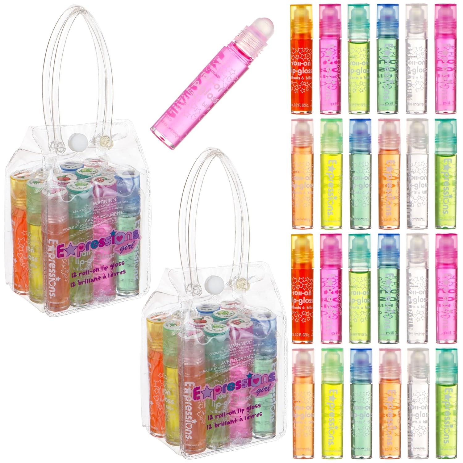 image:imageExpressions girl 12pc Roll On Lip Gloss Set with Carrying Case Glossy Lip Makeup for Kids and Teens Fruity Flavors Non Toxic Kid Friendly Party Gift Best Friends24 Pack Flavored Lip Gloss