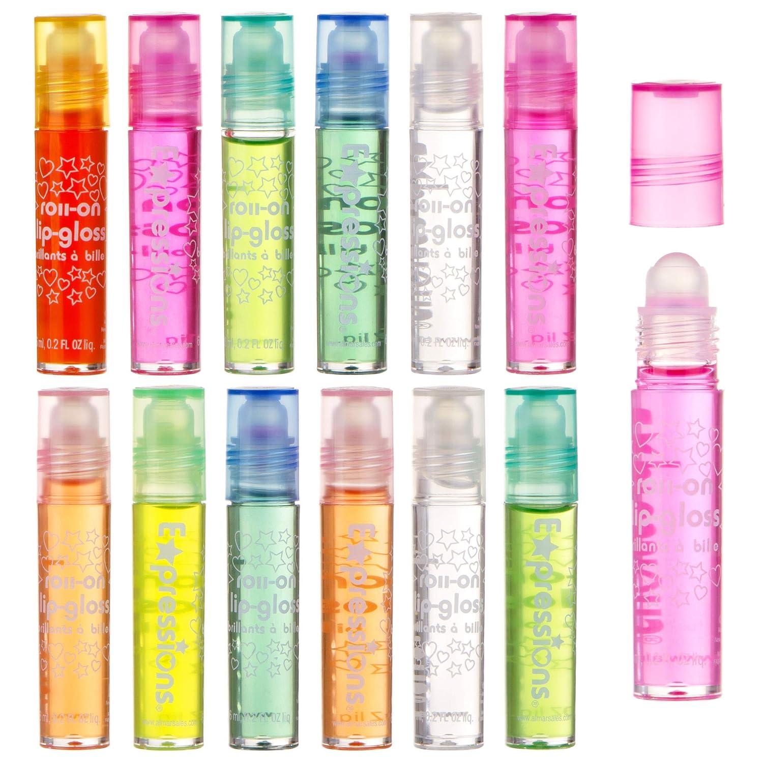 image:imageExpressions girl 12pc Roll On Lip Gloss Set with Carrying Case Glossy Lip Makeup for Kids and Teens Fruity Flavors Non Toxic Kid Friendly Party Gift Best Friends12 Pack Flavored Lip Gloss