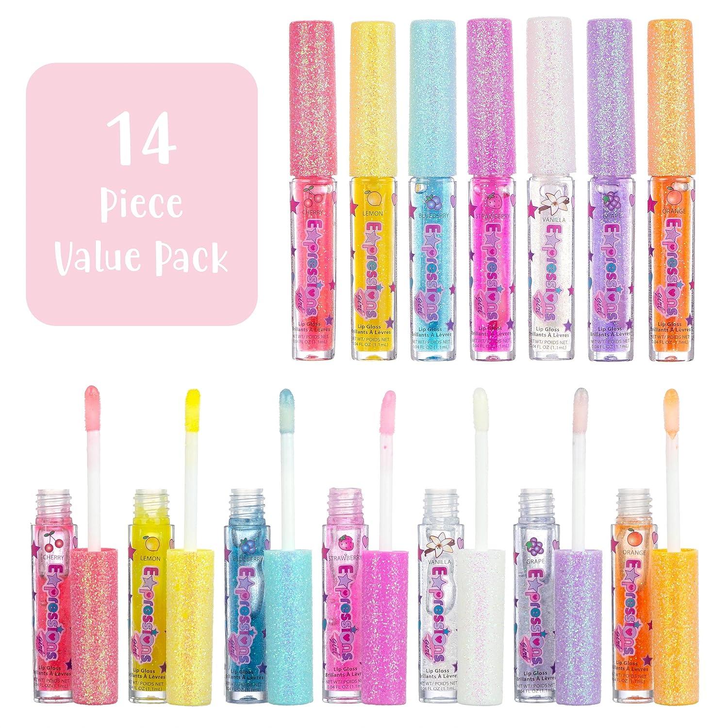image:imageExpressions girl 14pc Fruity Flavored Lip Gloss Set Lip Gloss in Assorted Fruity Flavors Non Toxic Makeup for Kids amp Teens7 Fl Oz Pack of 2