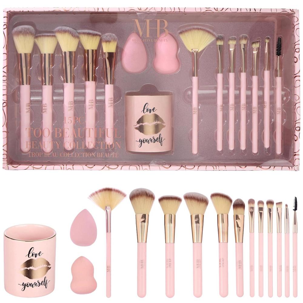 image:image15pc Beauty Set Beautiful Brush Collection Blenders Spoolie Storage Tumbler Professional Cosmetic Tools Application Face Eye Kit
