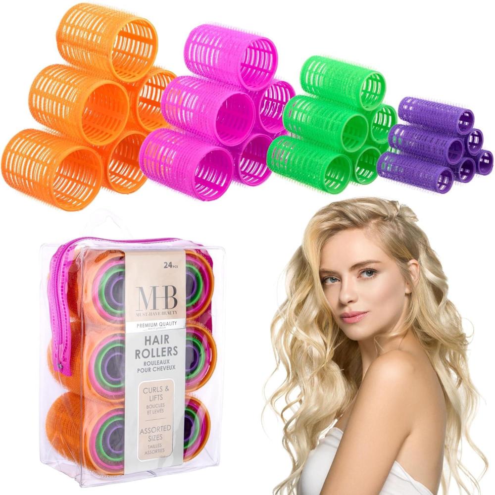 image:image24pc Hair Rollers Collection Bright Colored Classic Curls Lift Self Grip Curlers Women Assorted Sizes Styling Volume Set ToolsBright