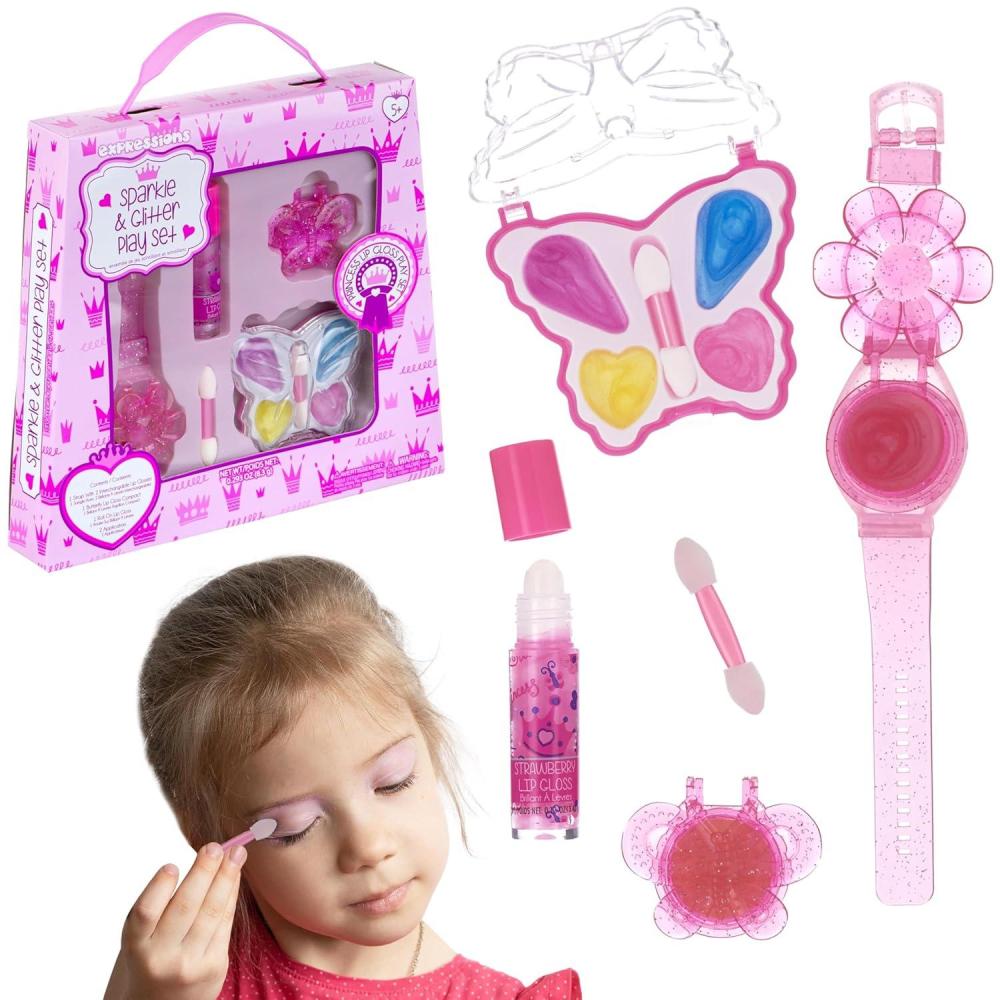 image:image4pc Cosmetic Kit wLip Gloss Watch Butterfly Lip Gloss amp Eyeshadow Palette Collection Kids Makeup Kit for Girls Washable Non Toxic