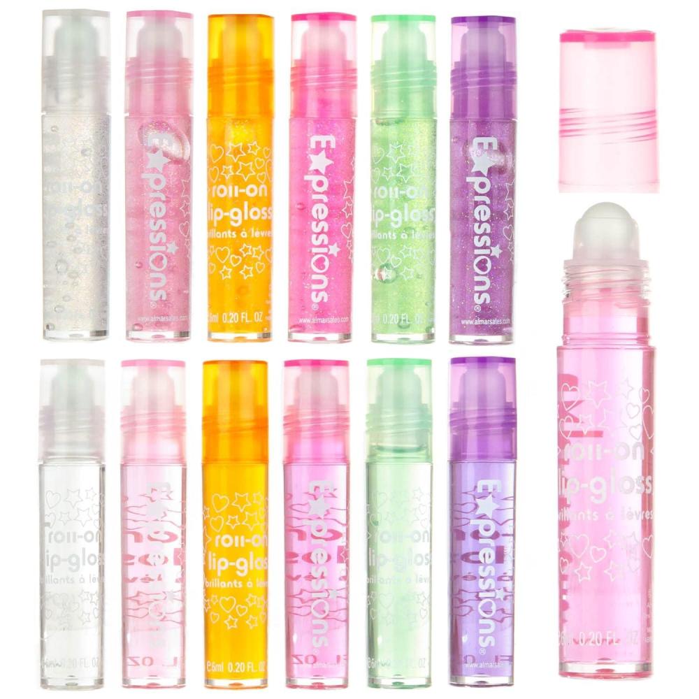 image:imageEXPRESSIONS 12pc Roll On Lip Gloss Set with Carrying Case 12Piece Glossy Lip Makeup Assorted Fruity Flavors Non Toxic Kid Friendly Party Gift Best Friends