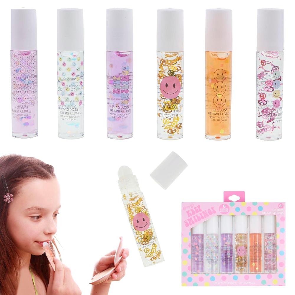 image:imageEXPRESSIONS 6pc Lip Gloss Set High Shine Confetti Lip Gloss Tubes wRollerball Applicator Tips Hydrating Roll On Lip Gloss Safe and NonToxic Lip Gloss Gift Set For Girls KEEP SMILING