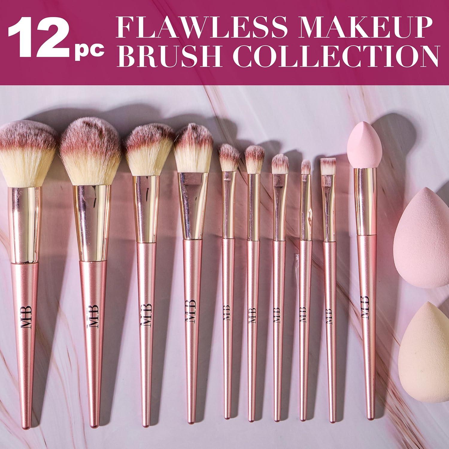 image:image12pc Flawless Makeup Brush Collection in Rose Gold Beautiful Makeup Brush Set wGlitter Handles Dense Bristles Premium Cosmetic Brushes for Contouring and Highlighting