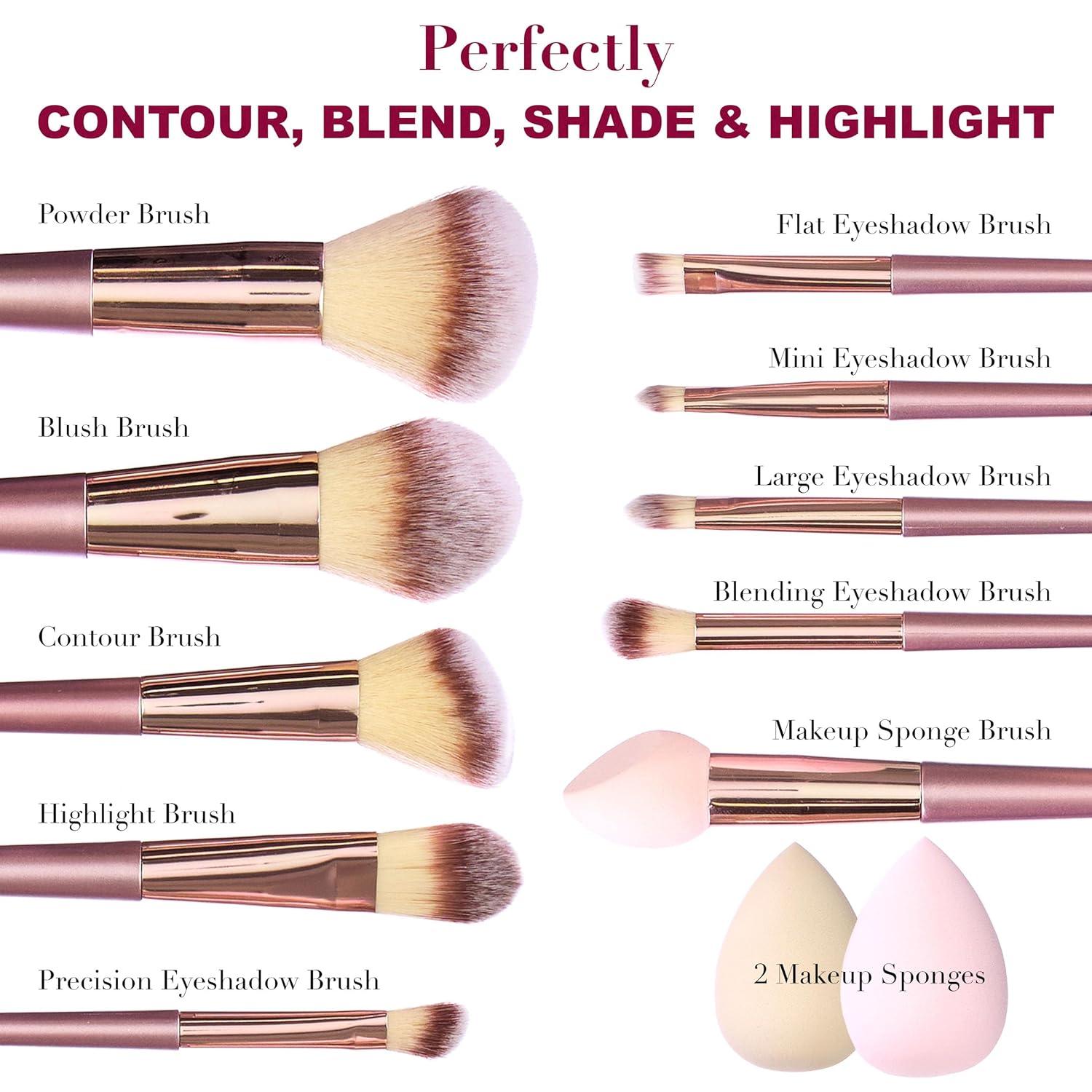 image:image12pc Flawless Makeup Brush Collection in Rose Gold Beautiful Makeup Brush Set wGlitter Handles Dense Bristles Premium Cosmetic Brushes for Contouring and Highlighting