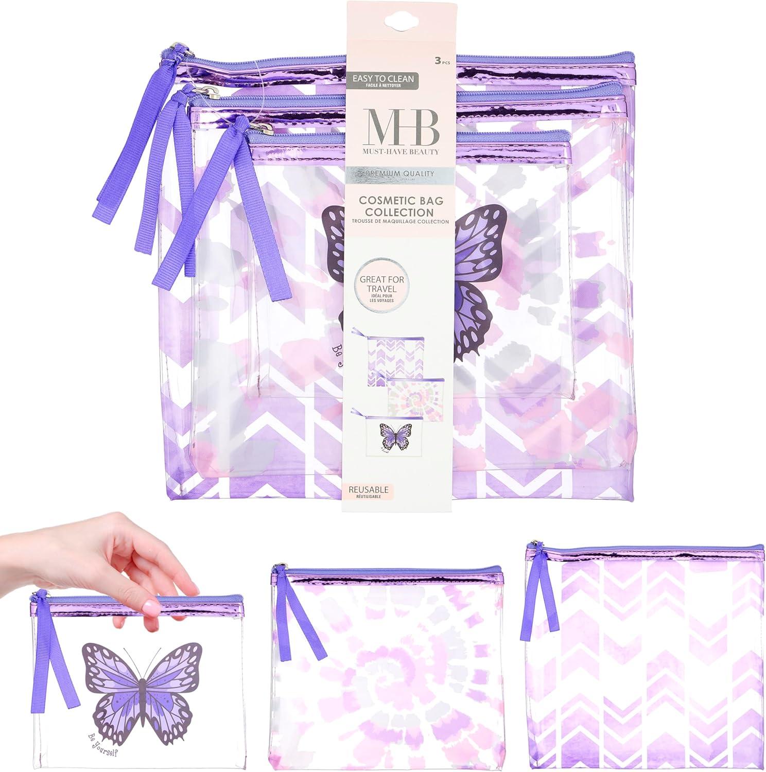 image:image3pc Cosmetic Pouch Set Premium Water Resistant Reusable Travel Makeup Organize Bag Purple Metallic Value Pack Organizer Toiletries Purse Zipper