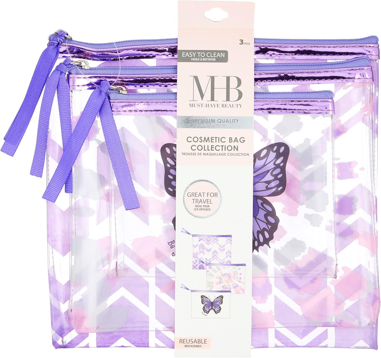 image:image3pc Cosmetic Pouch Set Premium Water Resistant Reusable Travel Makeup Organize Bag Purple Metallic Value Pack Organizer Toiletries Purse Zipper
