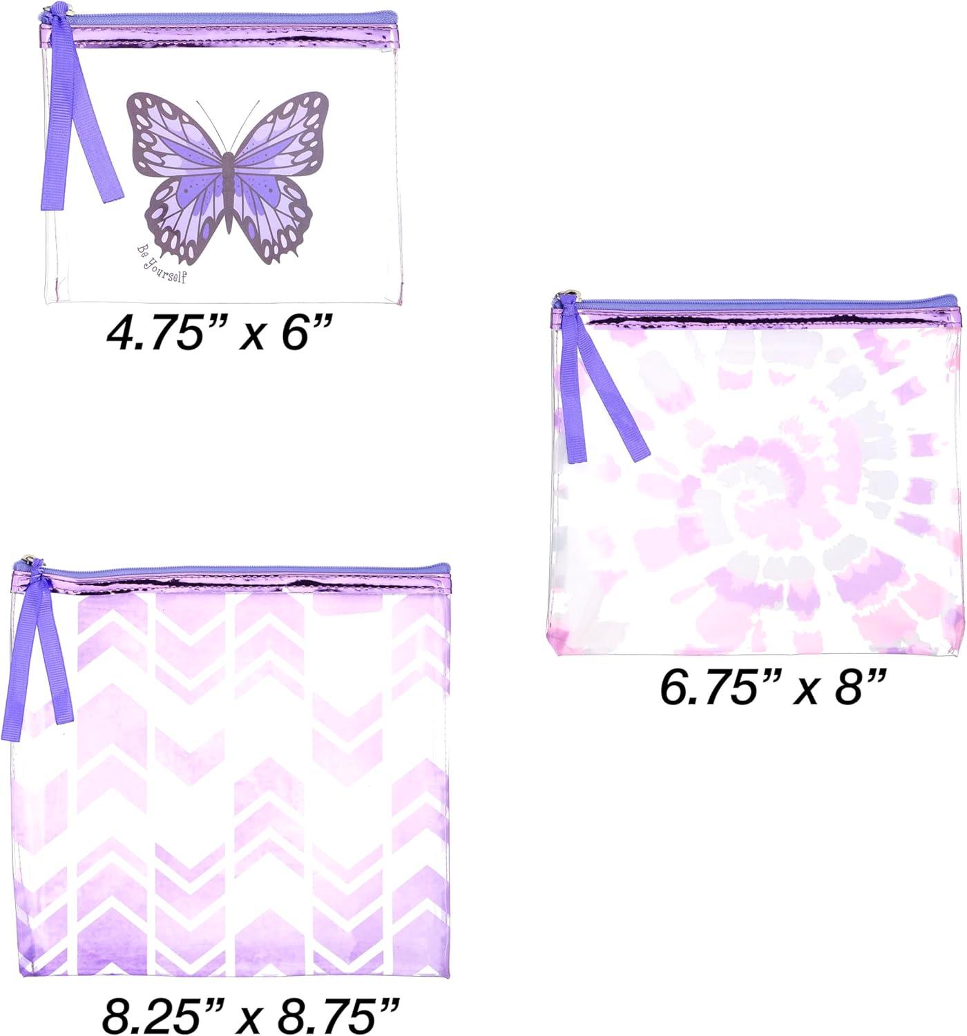 image:image3pc Cosmetic Pouch Set Premium Water Resistant Reusable Travel Makeup Organize Bag Purple Metallic Value Pack Organizer Toiletries Purse Zipper