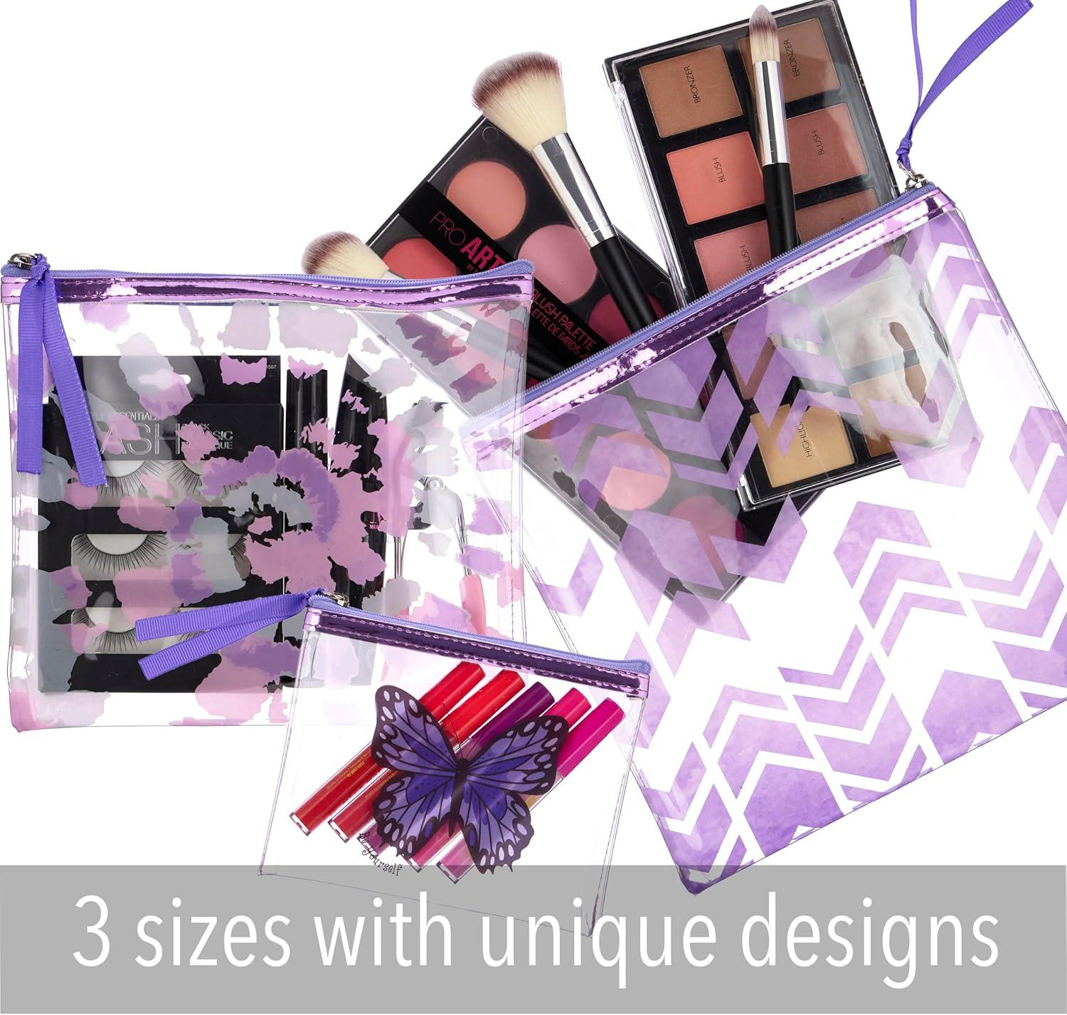 image:image3pc Cosmetic Pouch Set Premium Water Resistant Reusable Travel Makeup Organize Bag Purple Metallic Value Pack Organizer Toiletries Purse Zipper