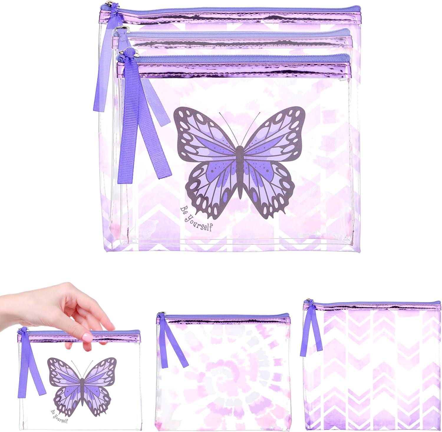 image:image3pc Cosmetic Pouch Set Premium Water Resistant Reusable Travel Makeup Organize Bag Purple Metallic Value Pack Organizer Toiletries Purse Zipper