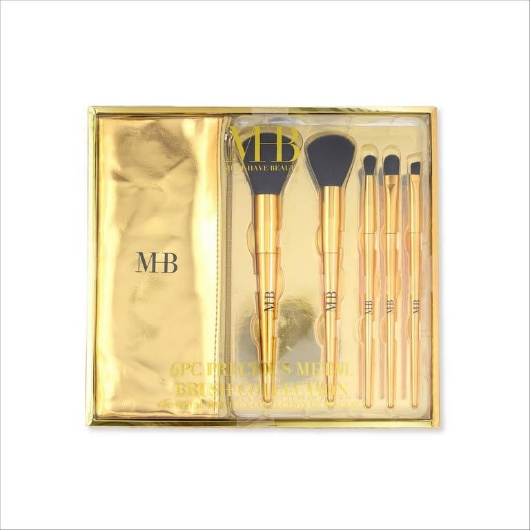 image:image6pc Makeup Brush Set Precious Metal Brush Collection Essential Makeup Brushes in Metallic Zipper Pouch GOLD
