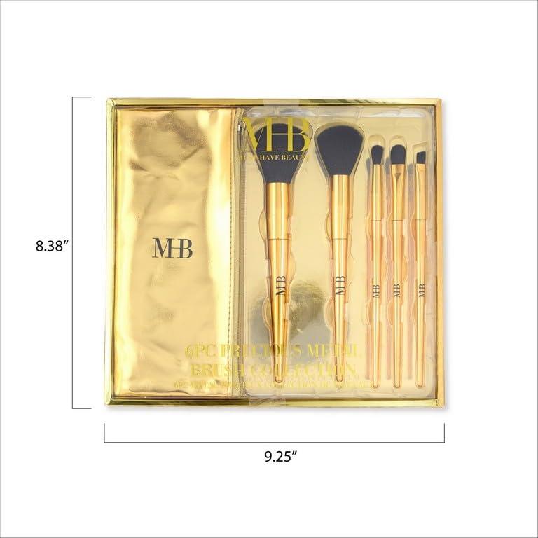 image:image6pc Makeup Brush Set Precious Metal Brush Collection Essential Makeup Brushes in Metallic Zipper Pouch GOLD