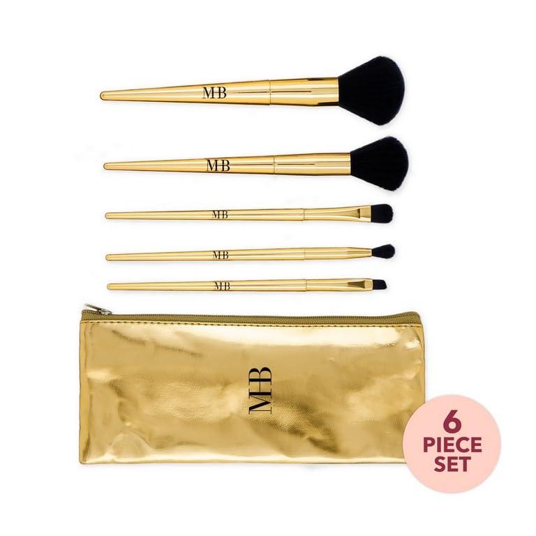 image:image6pc Makeup Brush Set Precious Metal Brush Collection Essential Makeup Brushes in Metallic Zipper Pouch GOLD