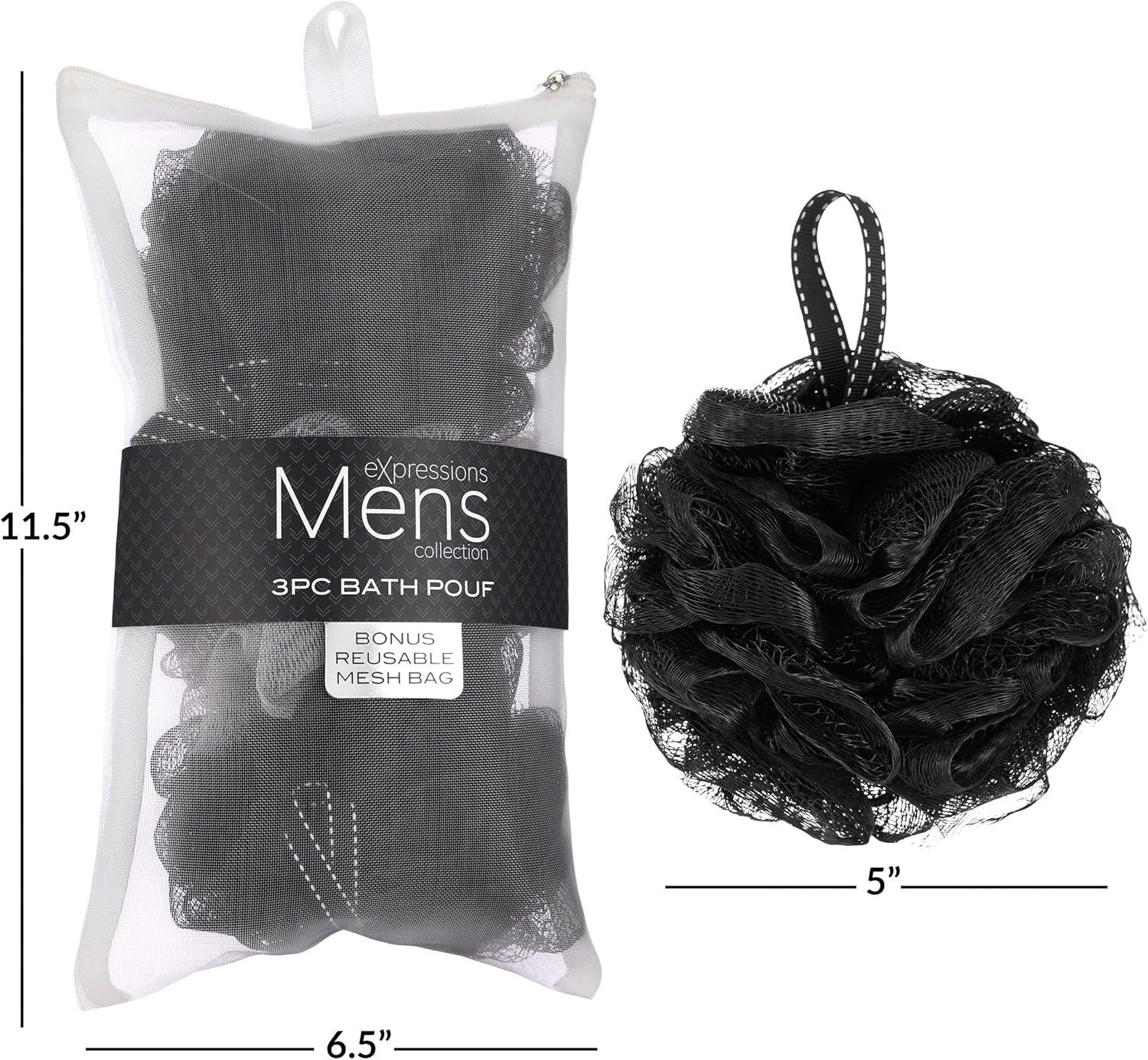 image:imageEXPRESSIONS Mens Collection 3pc Bath Pouf Set Black Shower Pouf with Handle Body Loofah Scrubber Value Pack for Cleansing amp Exfoliating
