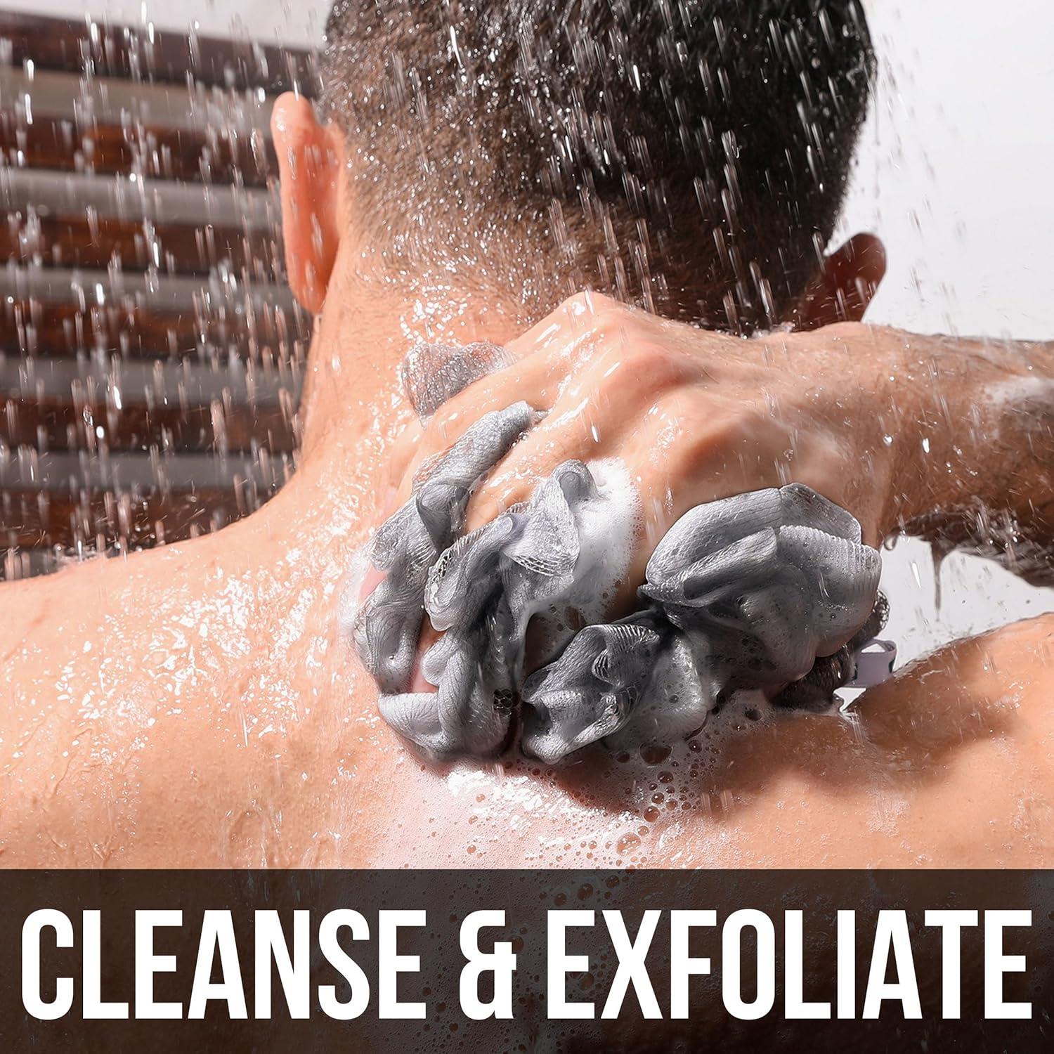 image:imageEXPRESSIONS Mens Collection 3pc Bath Pouf Set Black Shower Pouf with Handle Body Loofah Scrubber Value Pack for Cleansing amp Exfoliating