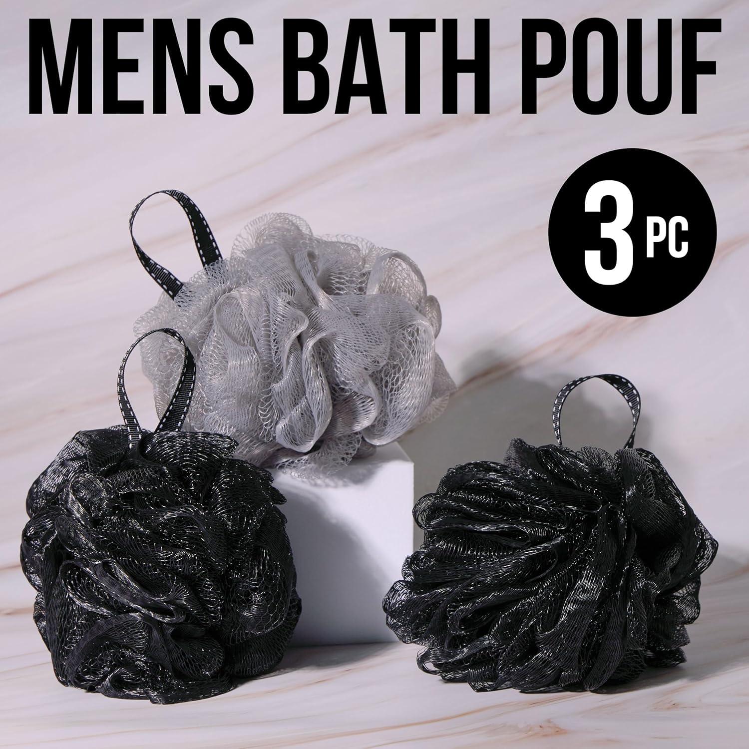 image:imageEXPRESSIONS Mens Collection 3pc Bath Pouf Set Black Shower Pouf with Handle Body Loofah Scrubber Value Pack for Cleansing amp Exfoliating