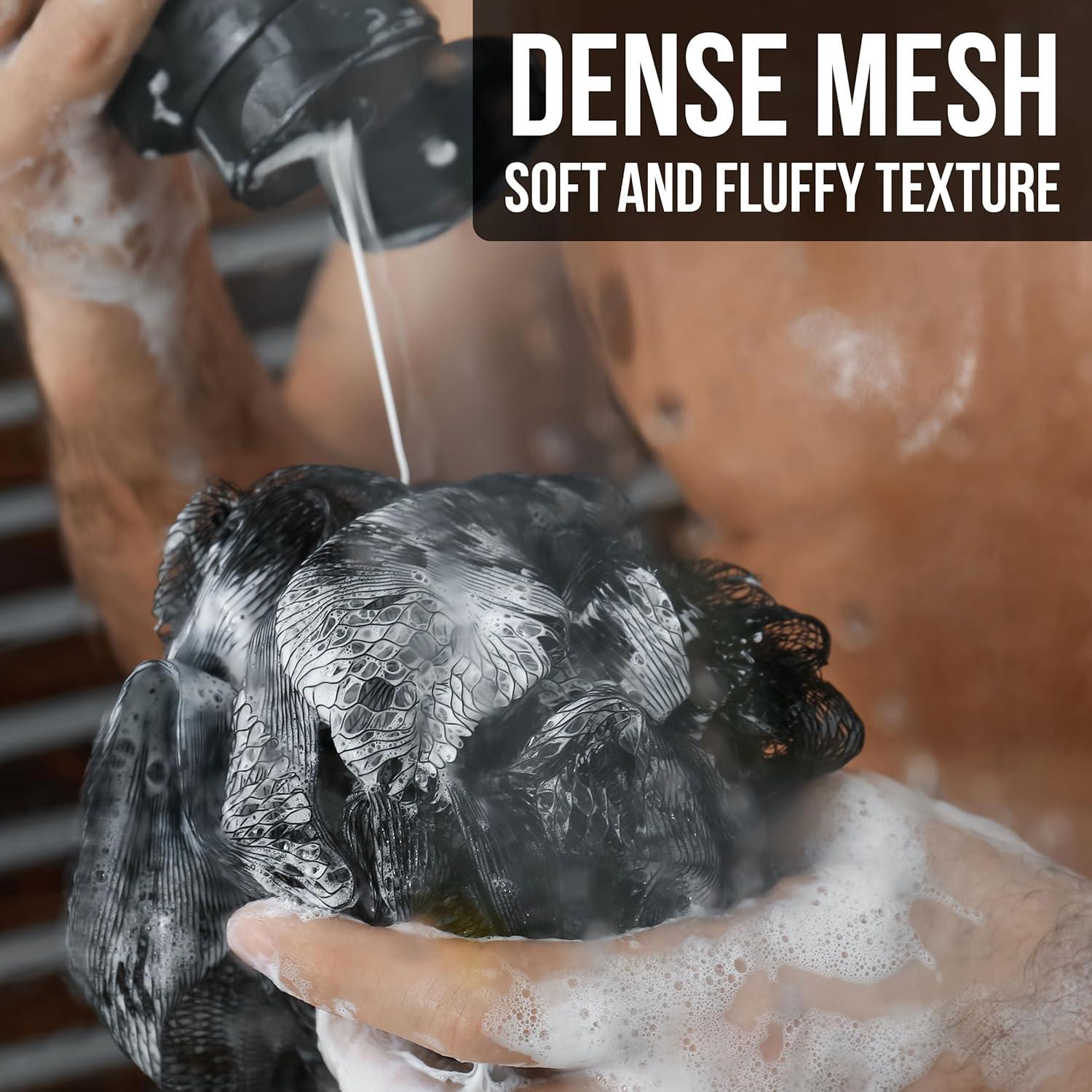 image:imageEXPRESSIONS Mens Collection 3pc Bath Pouf Set Black Shower Pouf with Handle Body Loofah Scrubber Value Pack for Cleansing amp Exfoliating
