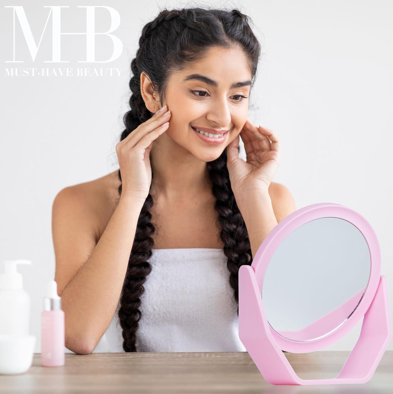 image:imageEXPRESSIONS Premium Soft Touch Rotating Mirror 1x 2X Magnification Rectangle Black Vanity Handheld Tabletop Makeup Small Desk TravelPink