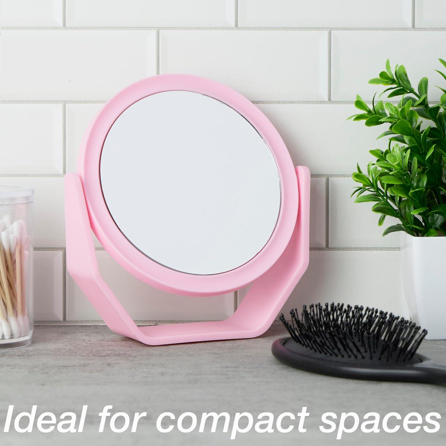 image:imageEXPRESSIONS Premium Soft Touch Rotating Mirror 1x 2X Magnification Rectangle Black Vanity Handheld Tabletop Makeup Small Desk TravelPink