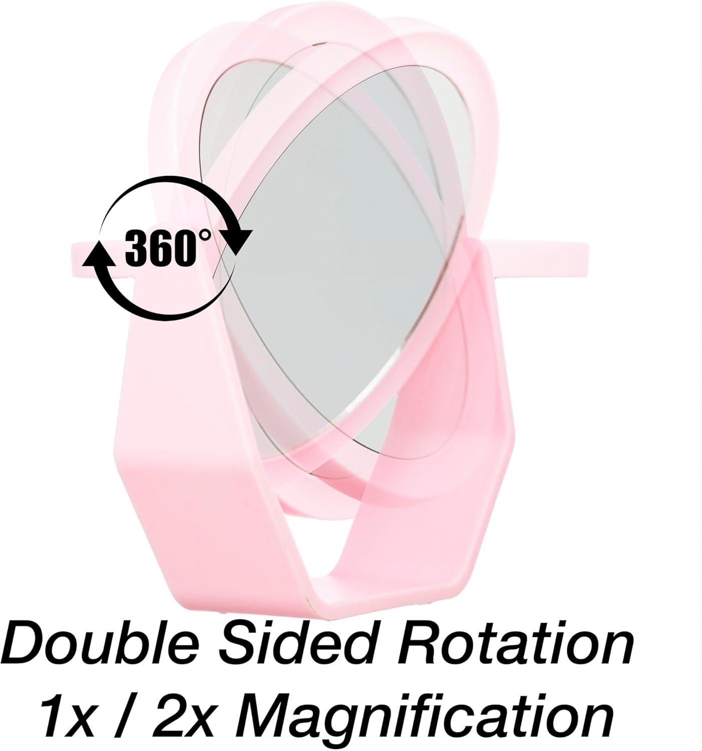 image:imageEXPRESSIONS Premium Soft Touch Rotating Mirror 1x 2X Magnification Rectangle Black Vanity Handheld Tabletop Makeup Small Desk TravelPink