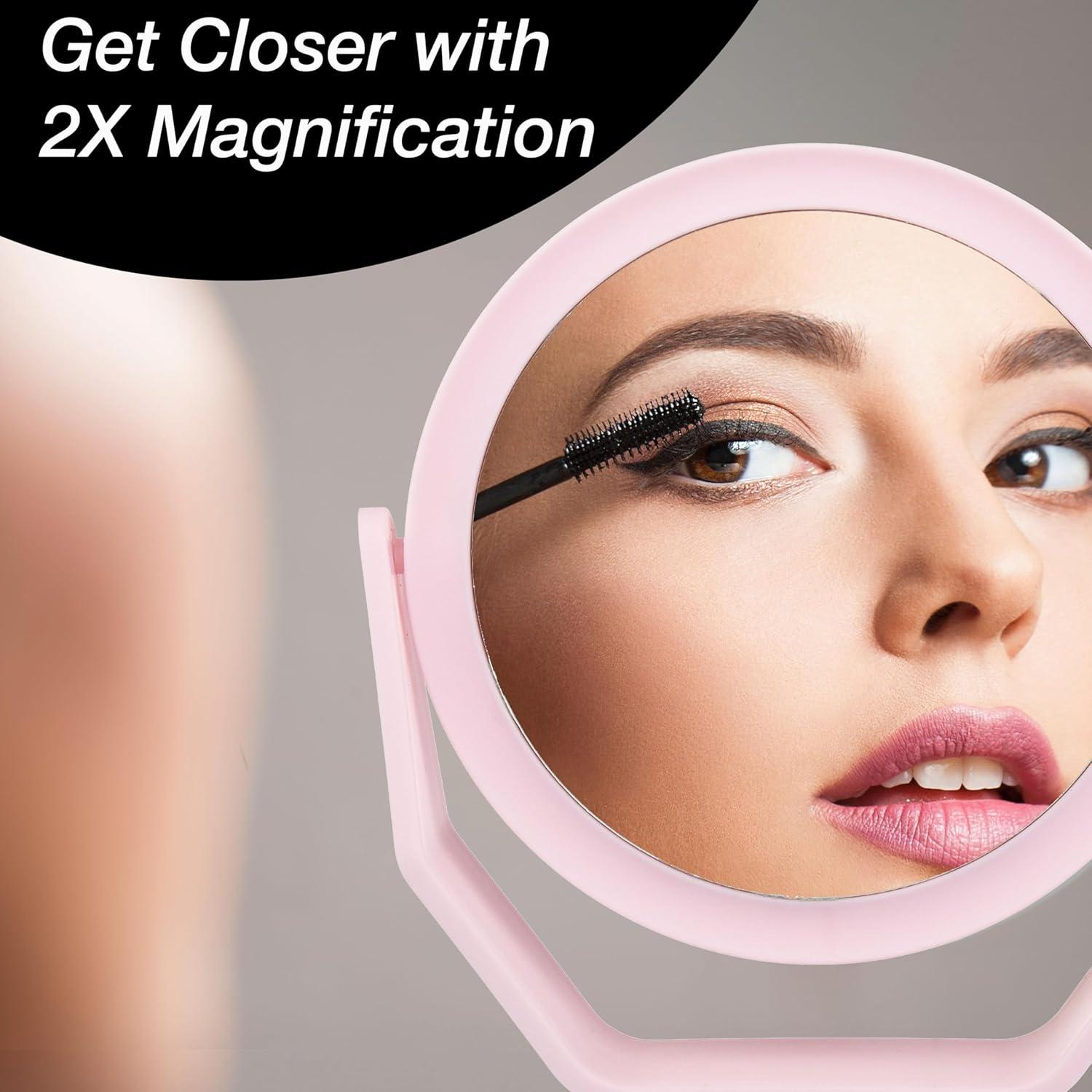 image:imageEXPRESSIONS Premium Soft Touch Rotating Mirror 1x 2X Magnification Rectangle Black Vanity Handheld Tabletop Makeup Small Desk TravelPink