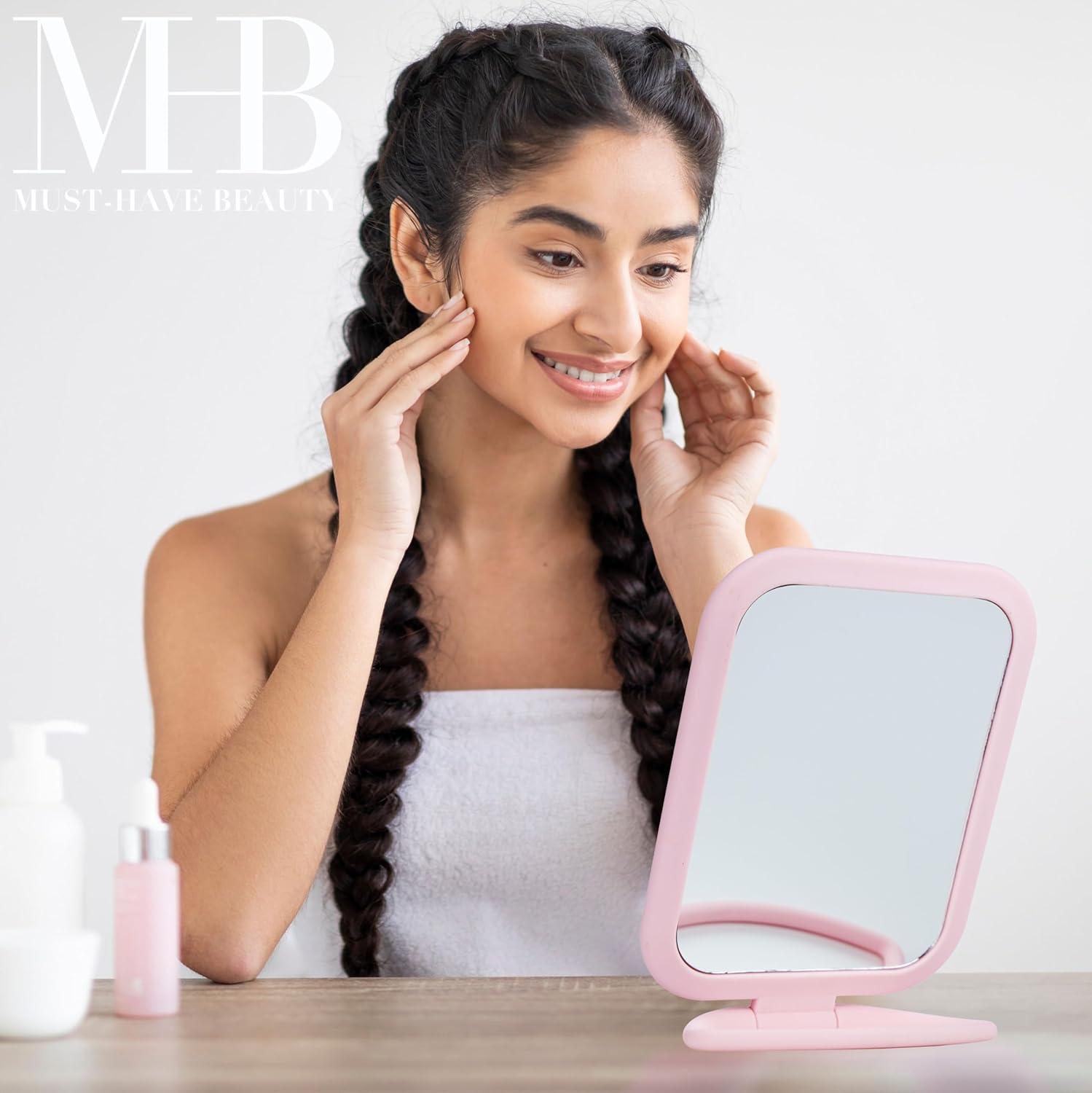 image:imageEXPRESSIONS Premium Soft Touch Rotating Mirror 1x 2X Magnification Rectangle Black Vanity Handheld Tabletop Makeup Small Desk TravelPink