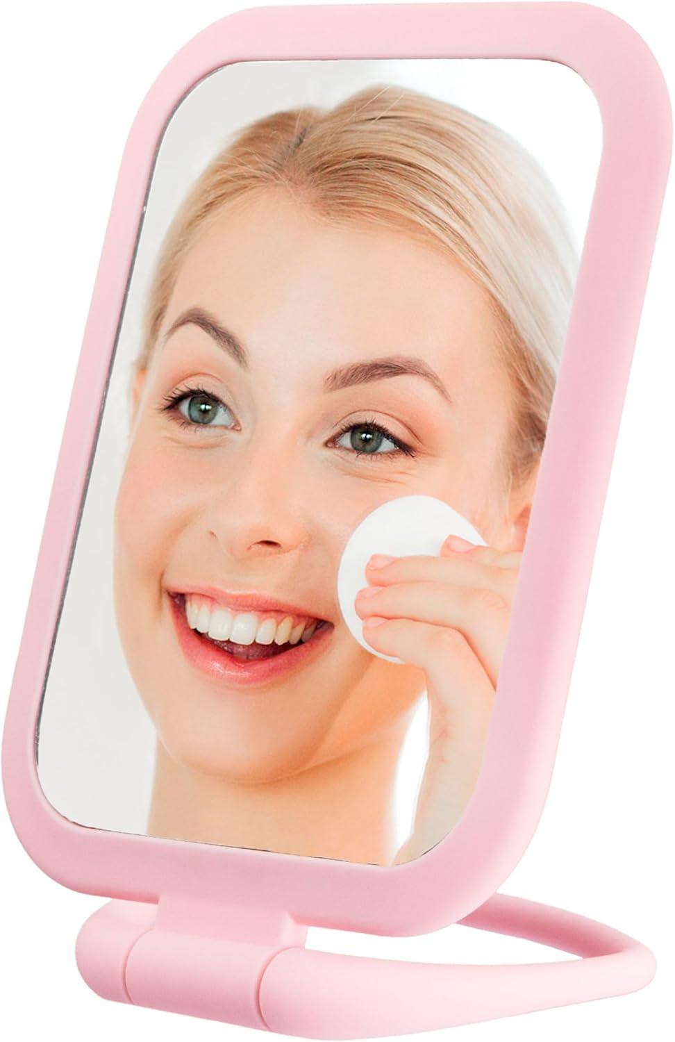image:imageEXPRESSIONS Premium Soft Touch Rotating Mirror 1x 2X Magnification Rectangle Black Vanity Handheld Tabletop Makeup Small Desk TravelPink