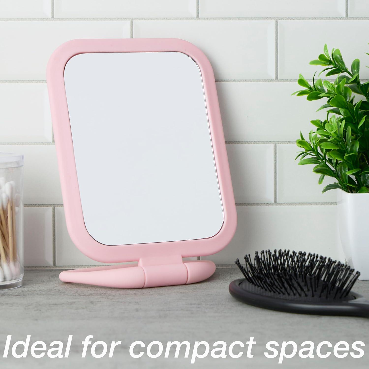 image:imageEXPRESSIONS Premium Soft Touch Rotating Mirror 1x 2X Magnification Rectangle Black Vanity Handheld Tabletop Makeup Small Desk TravelPink