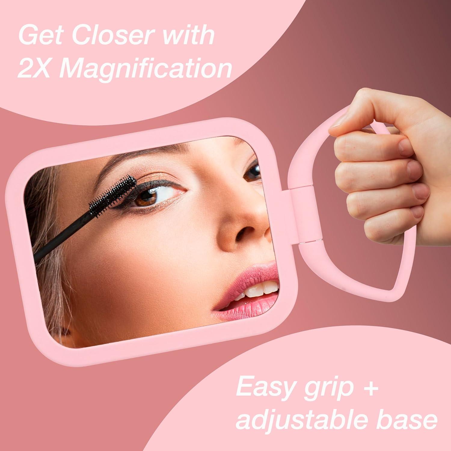 image:imageEXPRESSIONS Premium Soft Touch Rotating Mirror 1x 2X Magnification Rectangle Black Vanity Handheld Tabletop Makeup Small Desk TravelPink