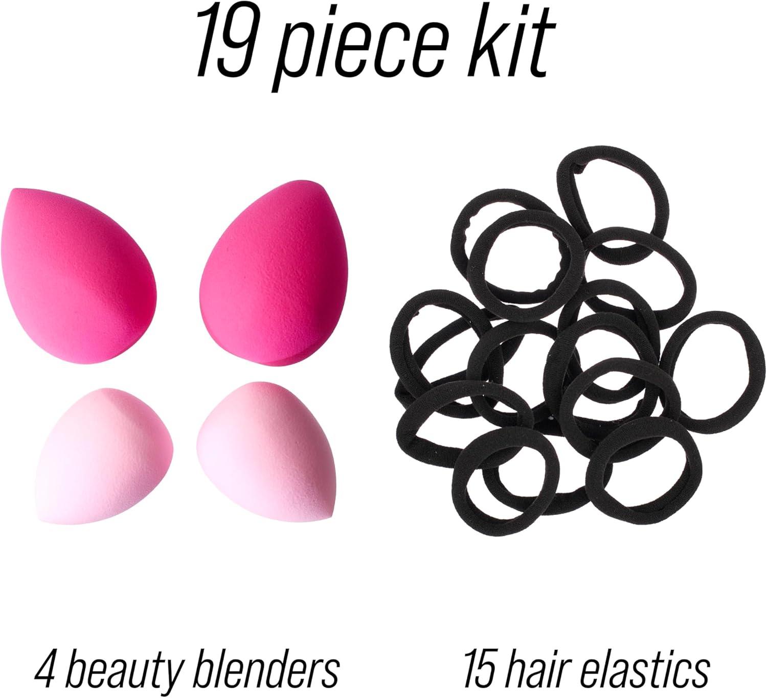 image:imageExpressions 19pc Beauty Essentials Kit Includes Pink Beauty Blenders amp Black Hair Elastics wOrganizer Assorted Cosmetic Applicator amp Hair Accessories Professional Hair amp Beauty Tools ANPC20504