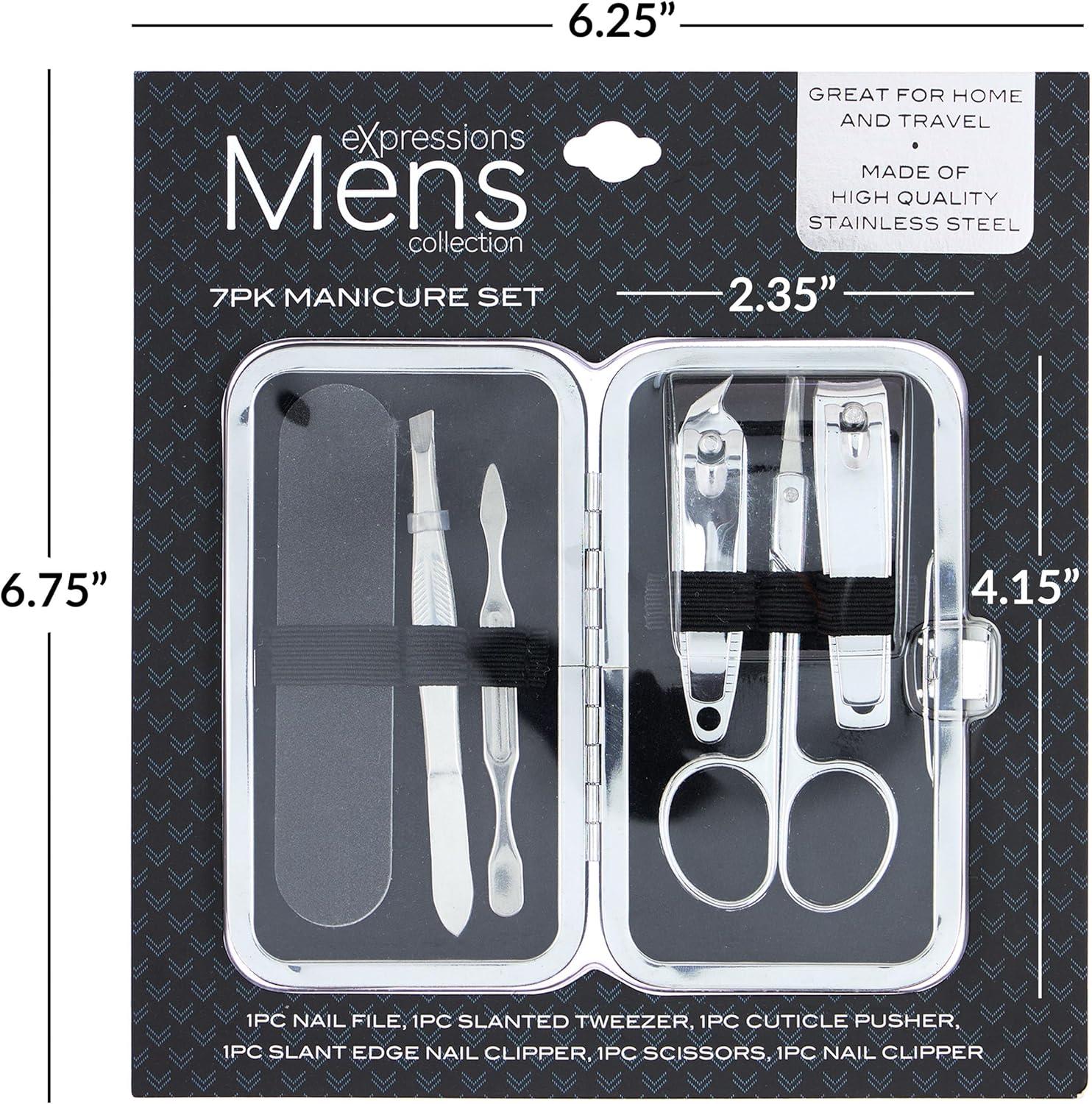 image:imageExpressions Mens Collection 7pc Manicure Set Premium Stainless Steel Nail Care Kit for Home and Travel Mens Grooming Products Kit Silver