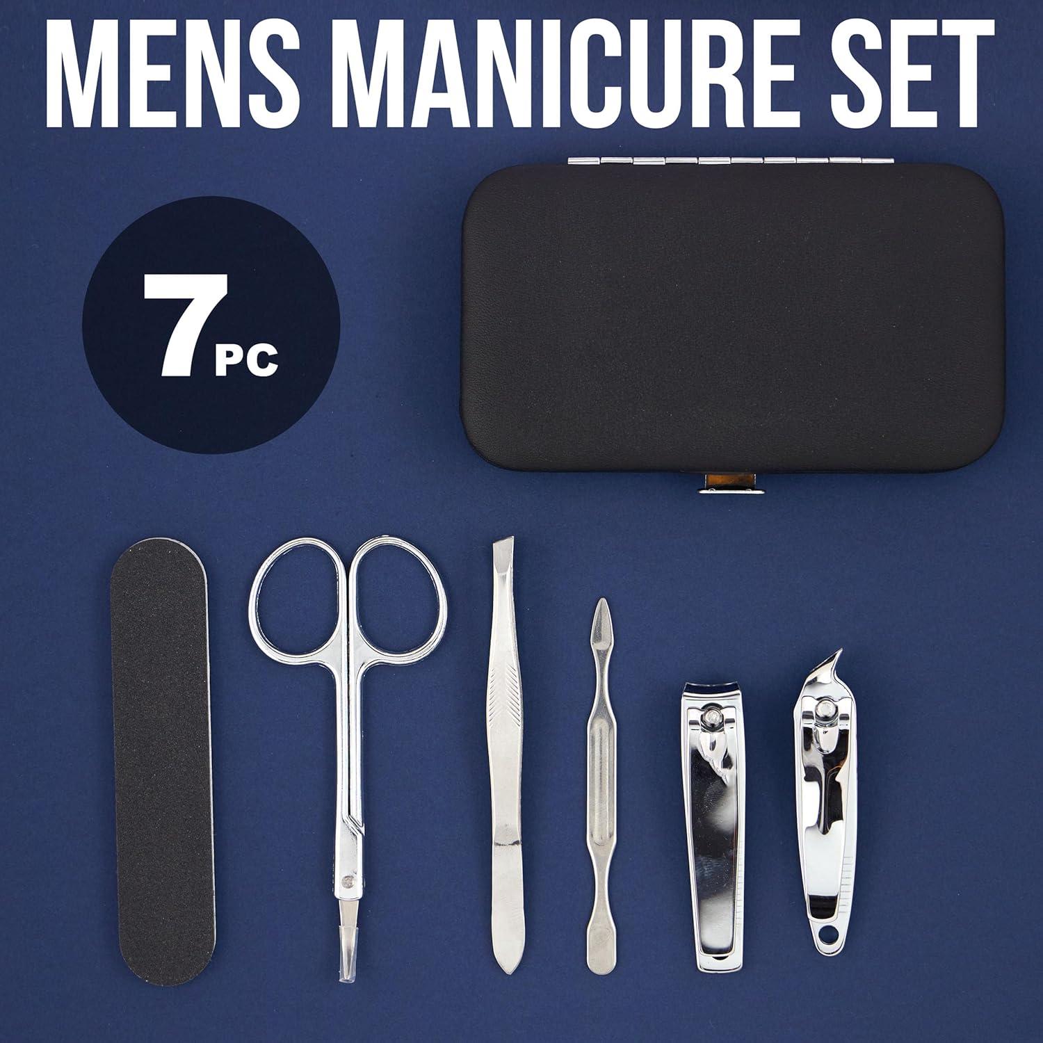 image:imageExpressions Mens Collection 7pc Manicure Set Premium Stainless Steel Nail Care Kit for Home and Travel Mens Grooming Products Kit Silver