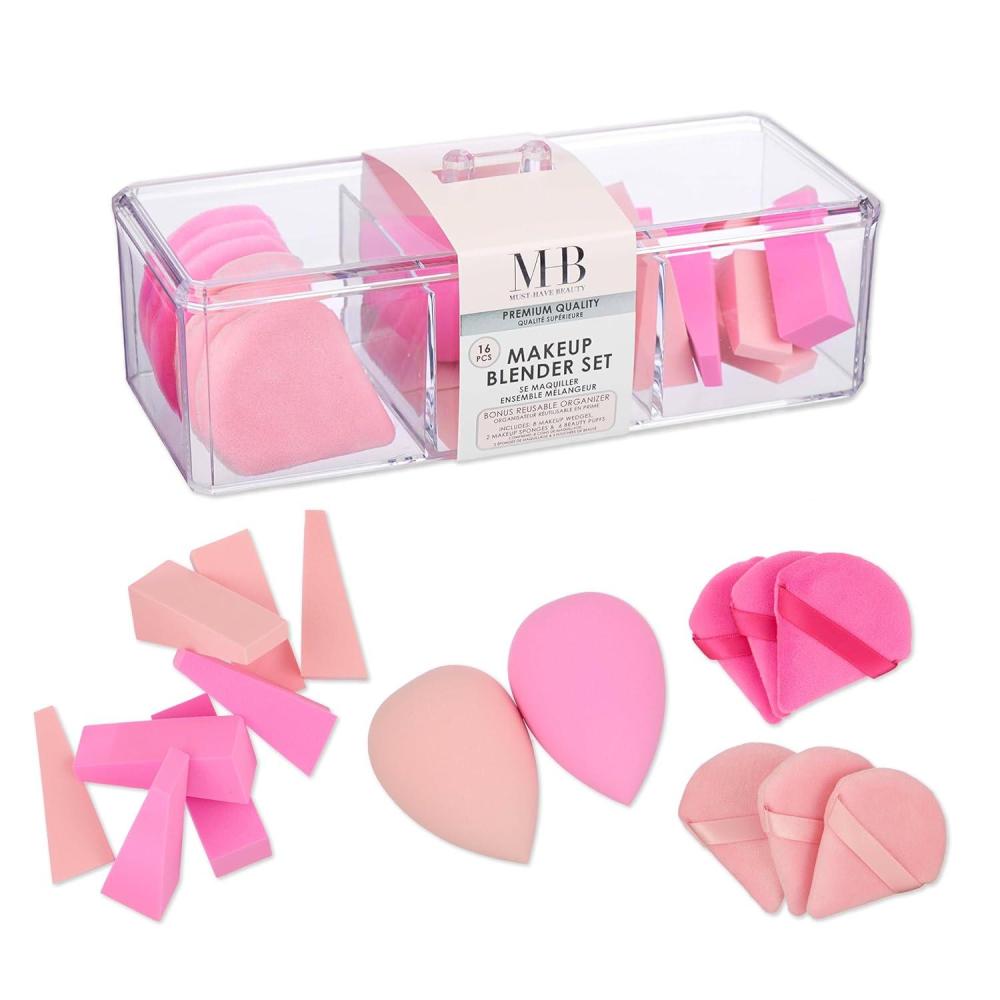 image:image16pc Makeup Blender Set Pink Makeup Sponges amp Beauty Essentials Organizer Assorted Beauty Blenders Makeup Sponges and Wedges For Flawless Makeup Application