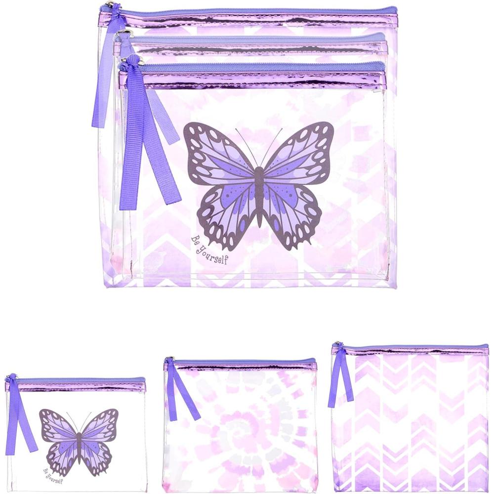 image:image3pc Cosmetic Pouch Set Premium Water Resistant Reusable Travel Makeup Organize Bag Purple Metallic Value Pack Organizer Toiletries Purse Zipper