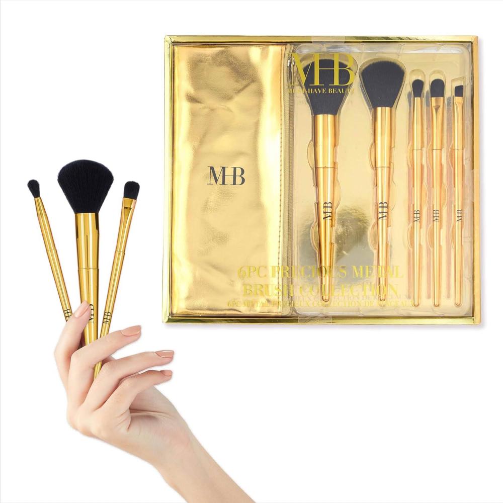 image:image6pc Makeup Brush Set Precious Metal Brush Collection Essential Makeup Brushes in Metallic Zipper Pouch GOLD