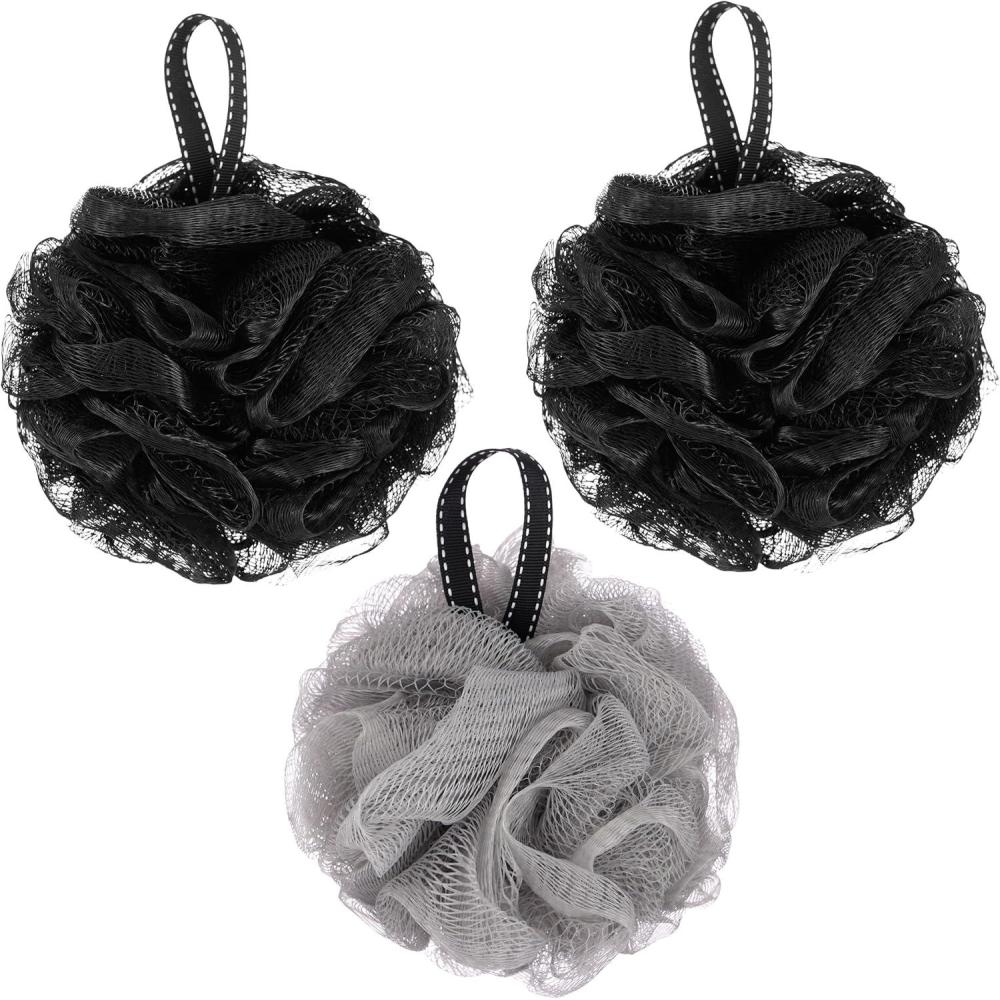 image:imageEXPRESSIONS Mens Collection 3pc Bath Pouf Set  Black Shower Pouf with Handle Body Loofah Scrubber Value Pack for Cleansing amp Exfoliating