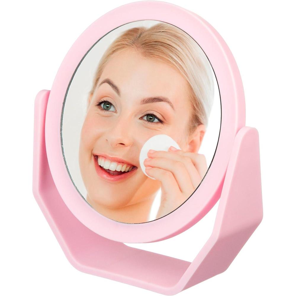 image:imageEXPRESSIONS Premium Soft Touch Rotating Mirror 1x 2X Magnification  Rectangle Black Vanity Handheld Tabletop Makeup Small Desk TravelPink