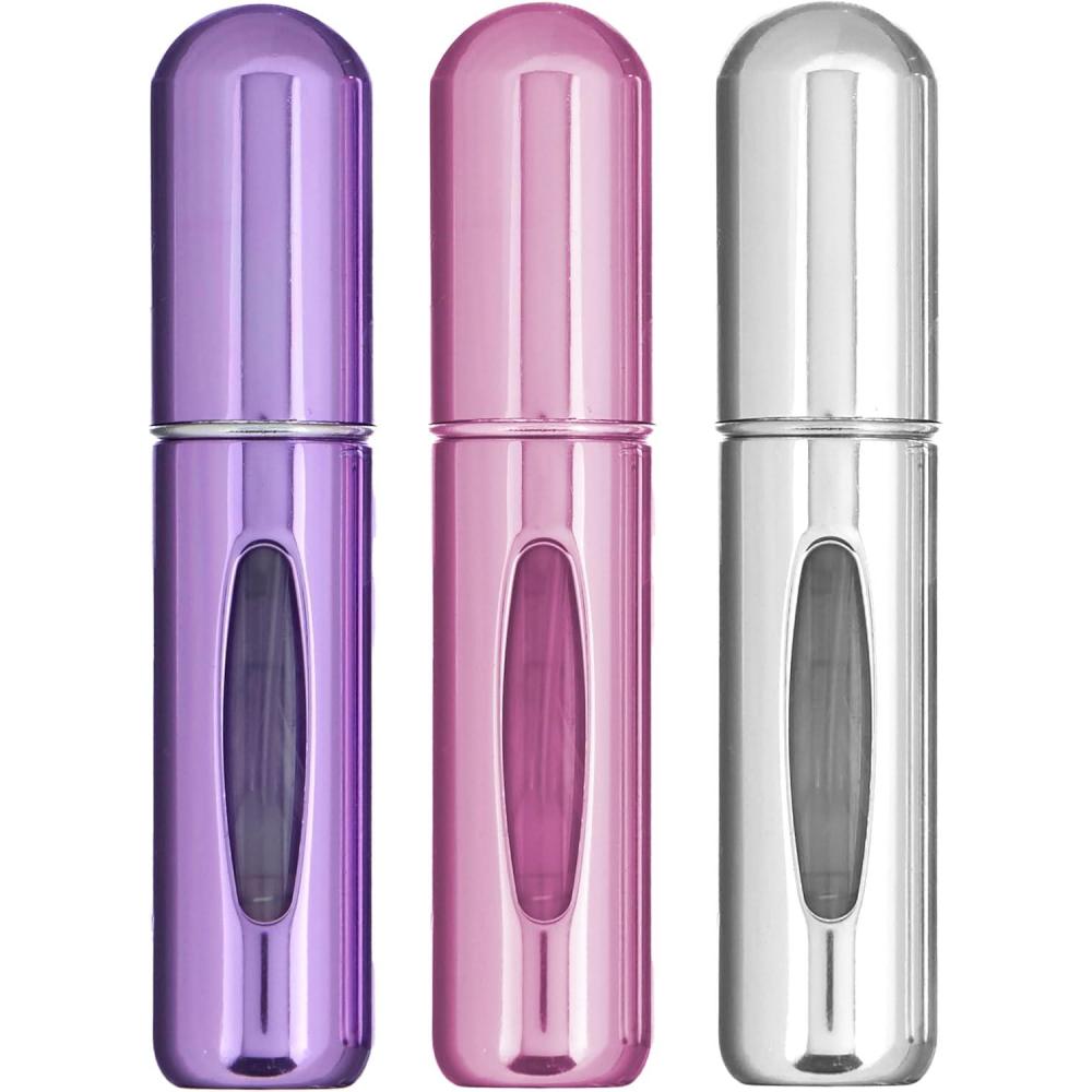 image:imageExpressions 3pc Perfume Atomizer Set Travel Size 5mL Refillable Perfume Atomizer Value Pack Purple White and Pink Aluminum Perfume Spray Bottles ANPC17311