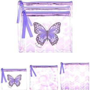 3pc Cosmetic Pouch Set – Premium Water Resistant Reusable Travel Makeup Organize Bag Purple Metallic Value Pack Organizer Toiletries Purse Zipper