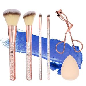 6pc Brush Eyelash Curler Sponge Blender Premium Cosmetic Tools Contouring Highlighting Set Face Eye Kit Accessory Application(ROSE GOLD)