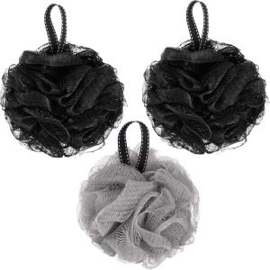 EXPRESSIONS Men’s Collection 3pc Bath Pouf Set – Black Shower Pouf with Handle, Body Loofah Scrubber Value Pack for Cleansing & Exfoliating
