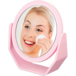 EXPRESSIONS Premium Soft Touch Rotating Mirror 1x 2X Magnification – Rectangle Black Vanity Handheld Tabletop Makeup Small Desk Travel(Pink)