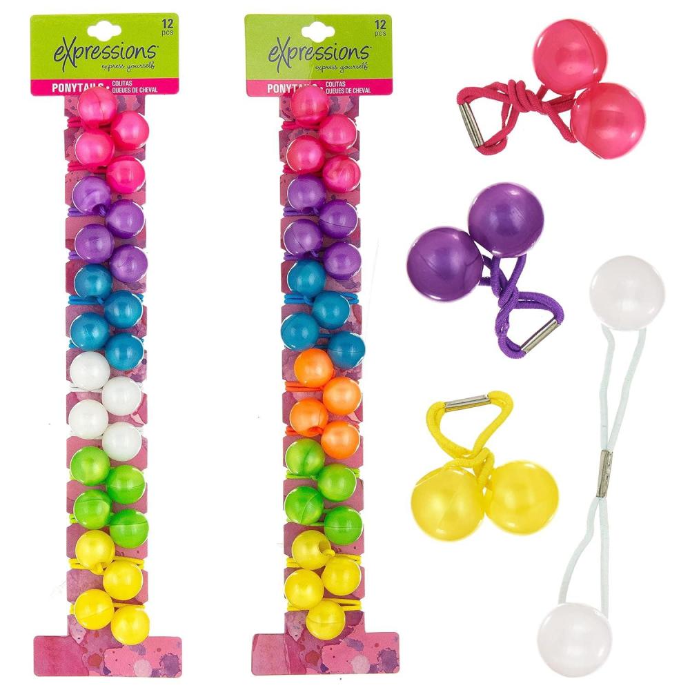 image:imageExpressions 24 Pc Ponytail Ball Hair Elastics CollectionBrightly Colored Marble Finish Twin Bead Ponytail Balls For Girls And ToddlersGLOSSY