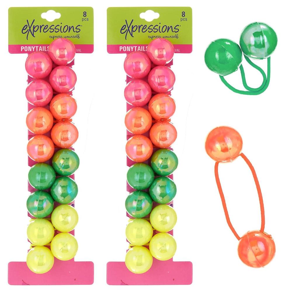 image:imageExpressions 24 Pc Ponytail Ball Hair Elastics CollectionBrightly Colored Marble Finish Twin Bead Ponytail Balls For Girls And ToddlersNEON