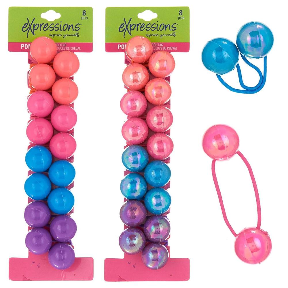 image:imageExpressions 24 Pc Ponytail Ball Hair Elastics CollectionBrightly Colored Marble Finish Twin Bead Ponytail Balls For Girls And ToddlersPLAIN